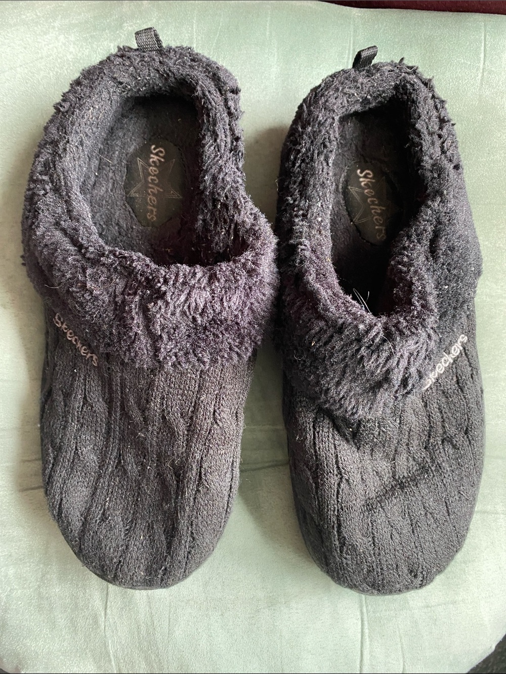 Skechers Women's Black Fuzzy Knit Slip-On Slippers